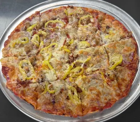 Square-cut sausage pizza.